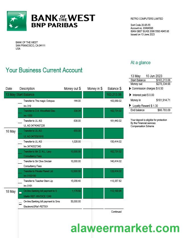 Bank of the West company checking account statement Word and PDF template